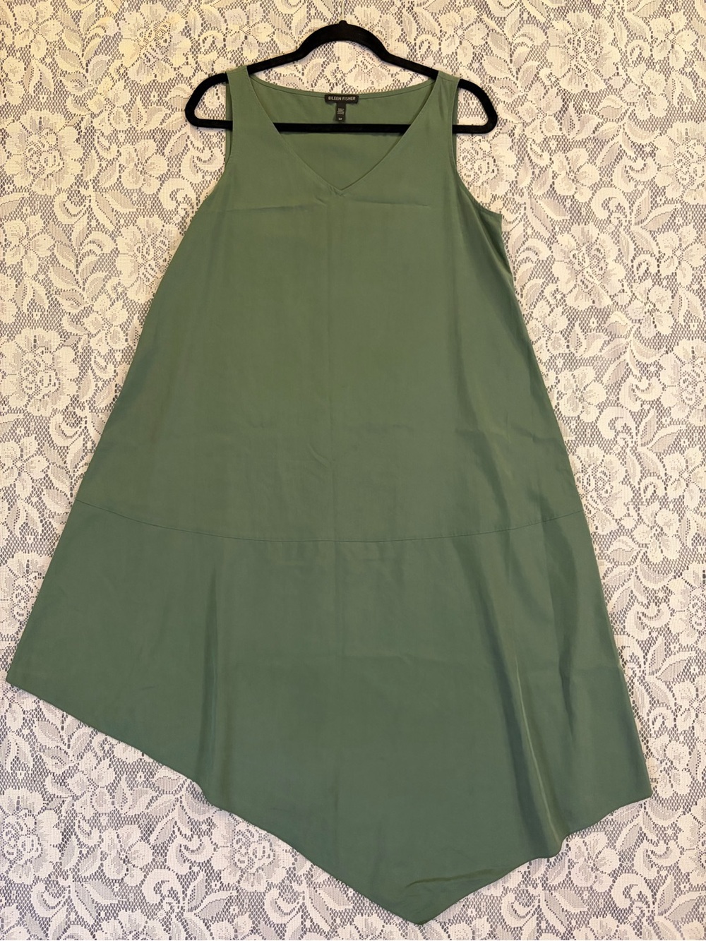 Eileen Fisher Asymmetrical Sandwashed Tencel Dress in Nori/Sage Green